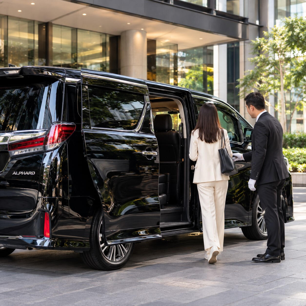 MoveYa passenger boarding a black Alphard